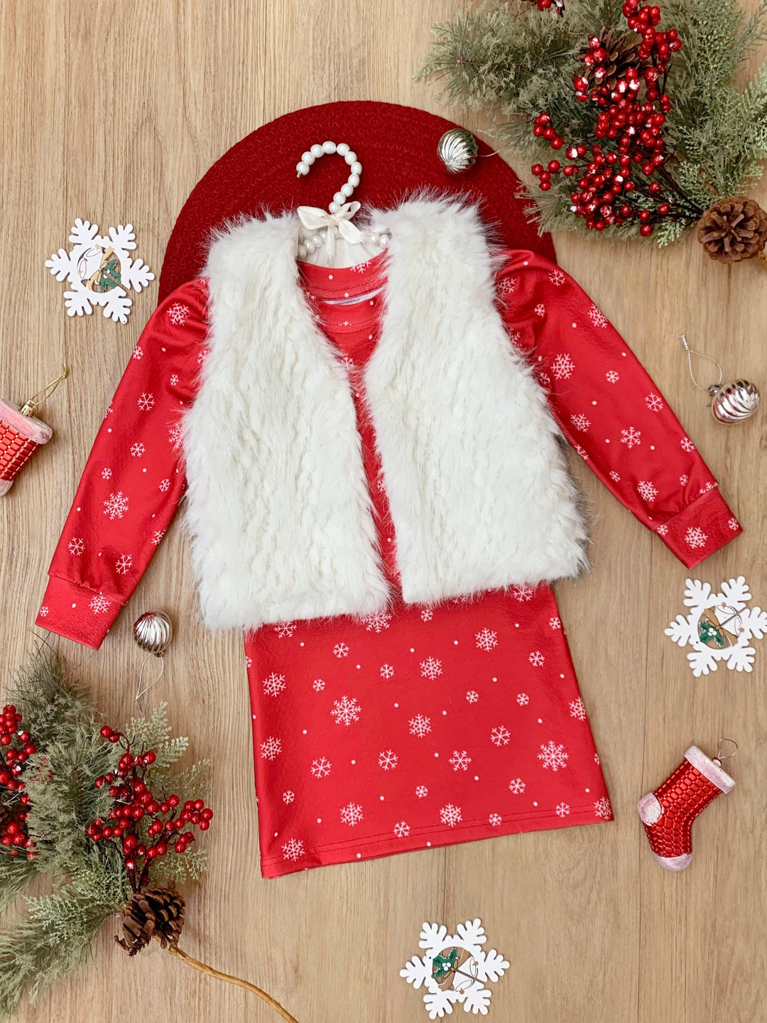 Festive Snowflake Christmas Dress and Faux Fur Vest Set