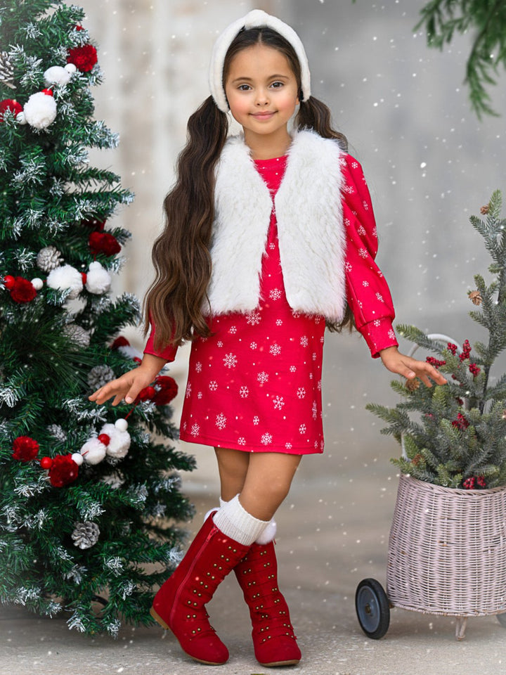 Festive Snowflake Christmas Dress and Faux Fur Vest Set