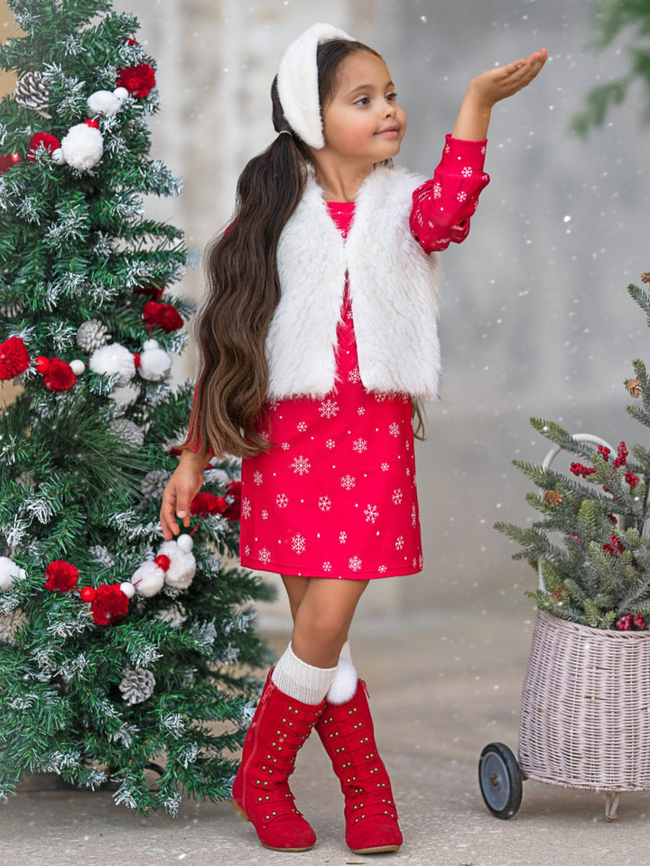 Festive Snowflake Christmas Dress and Faux Fur Vest Set