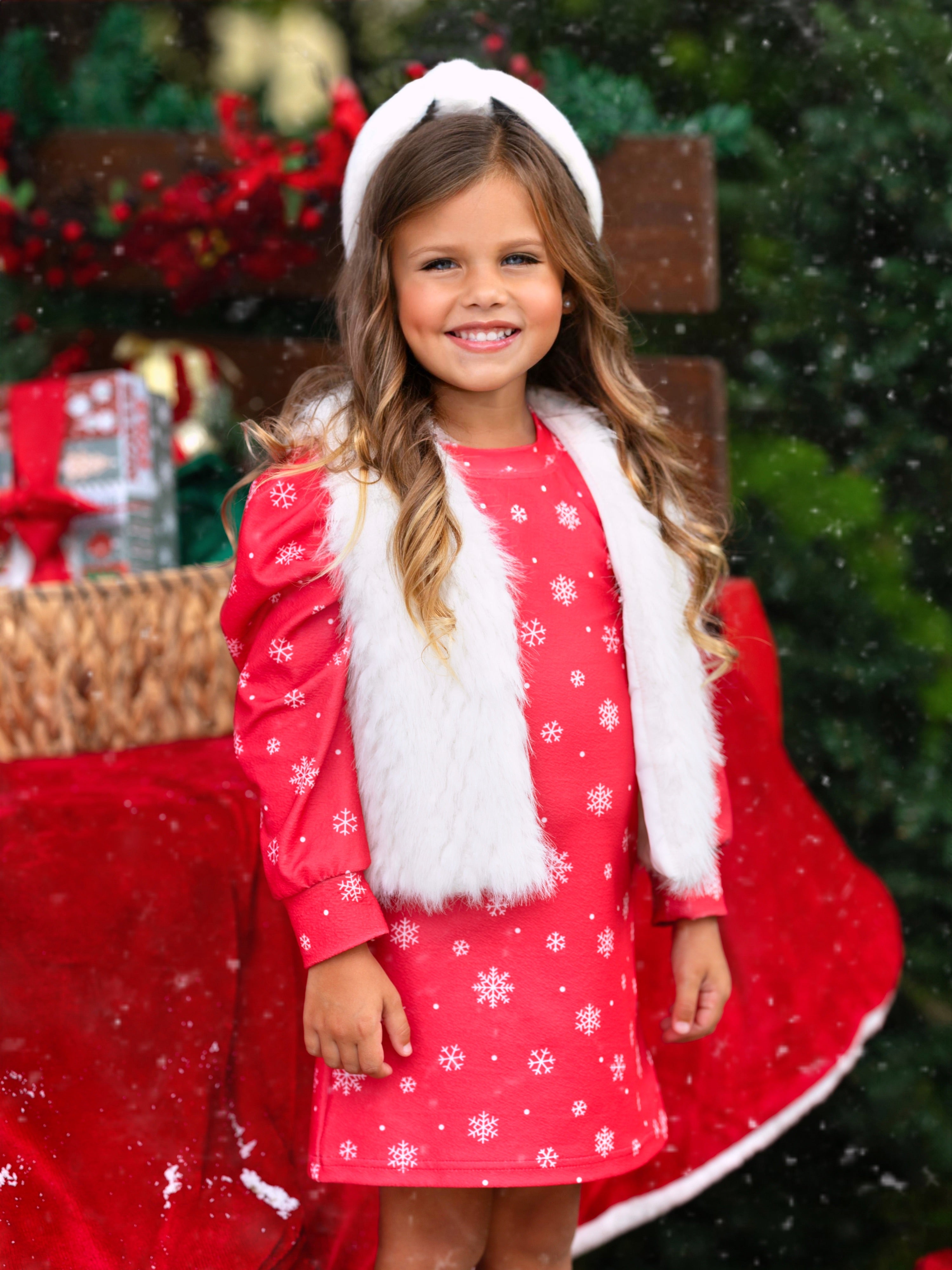 Festive Snowflake Christmas Dress and Faux Fur Vest Set Mia Belle Girls