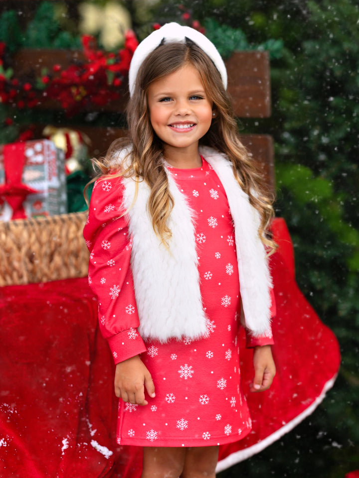 Festive Snowflake Christmas Dress and Faux Fur Vest Set