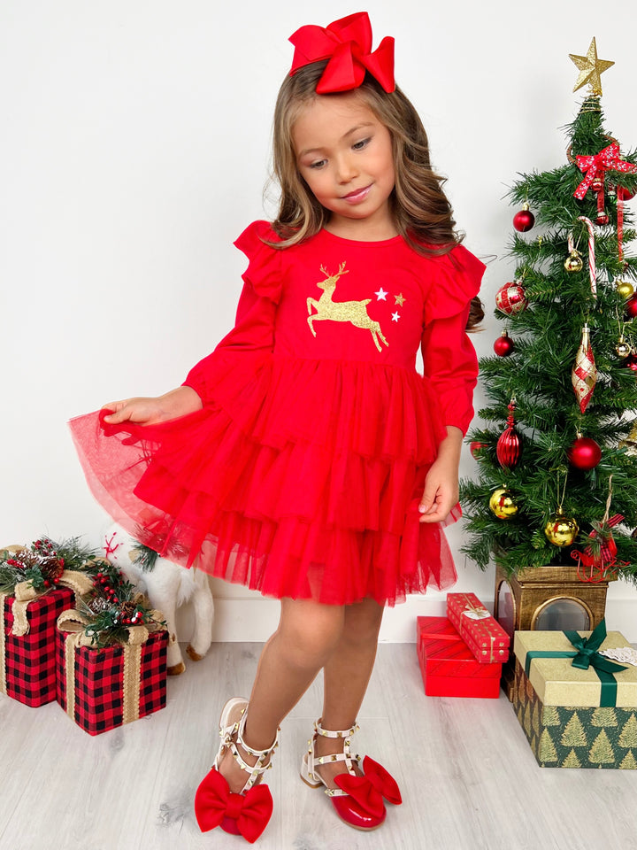 Golden Reindeer Ruffled Tutu Dress