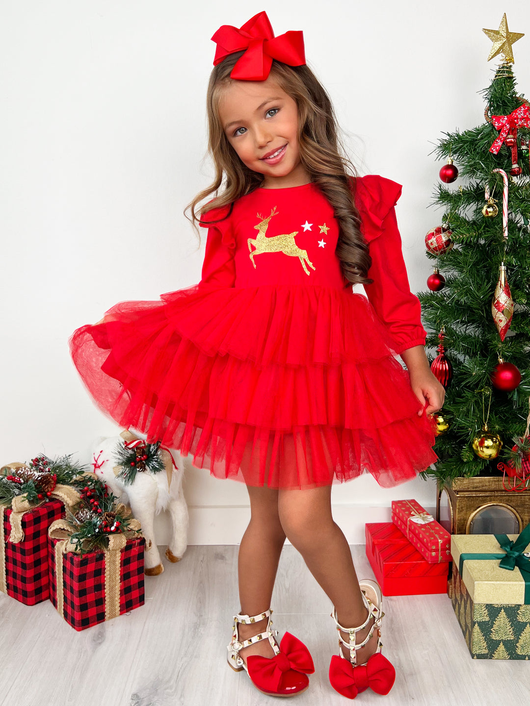 Golden Reindeer Ruffled Tutu Dress