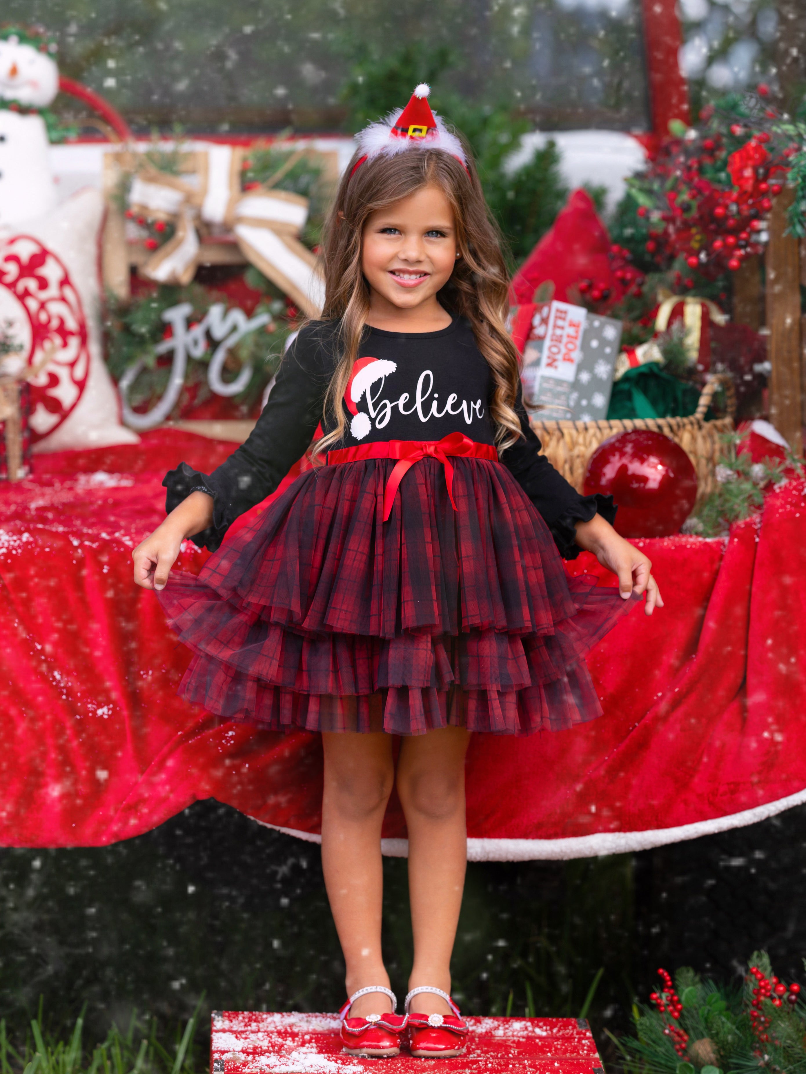 Mia Belle Girls Believe Plaid Ruffled Tutu Dress Black 4T