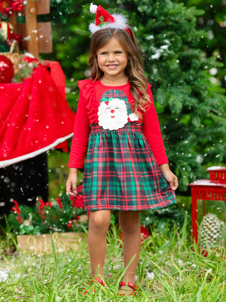 Santa Ruffled Plaid Long Sleeve Dress