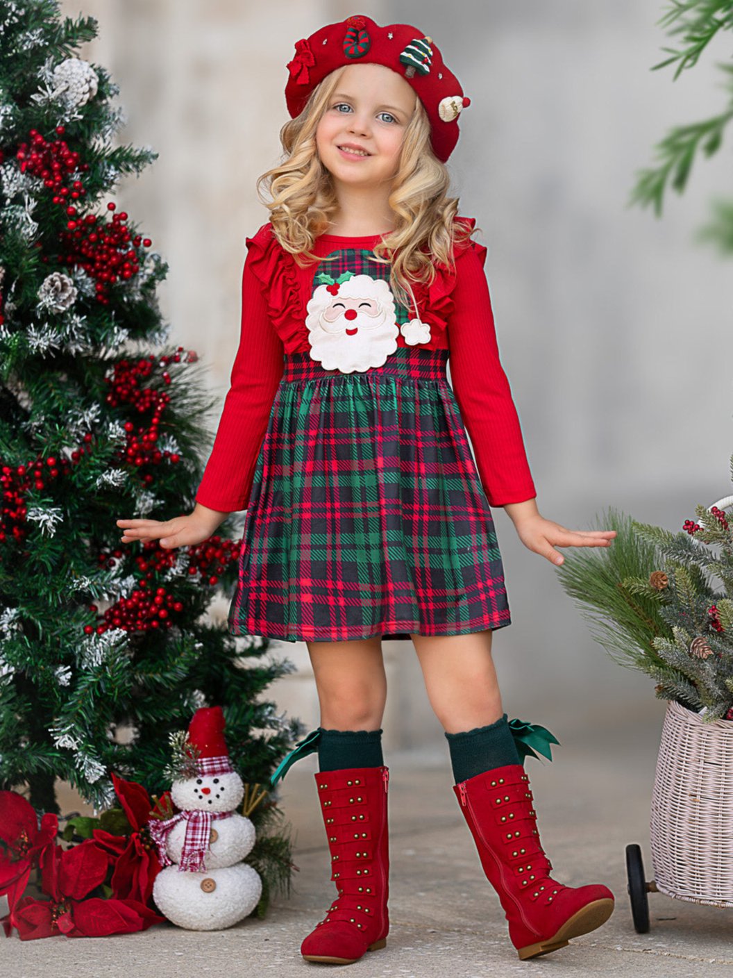 Santa Ruffled Plaid Long Sleeve Dress