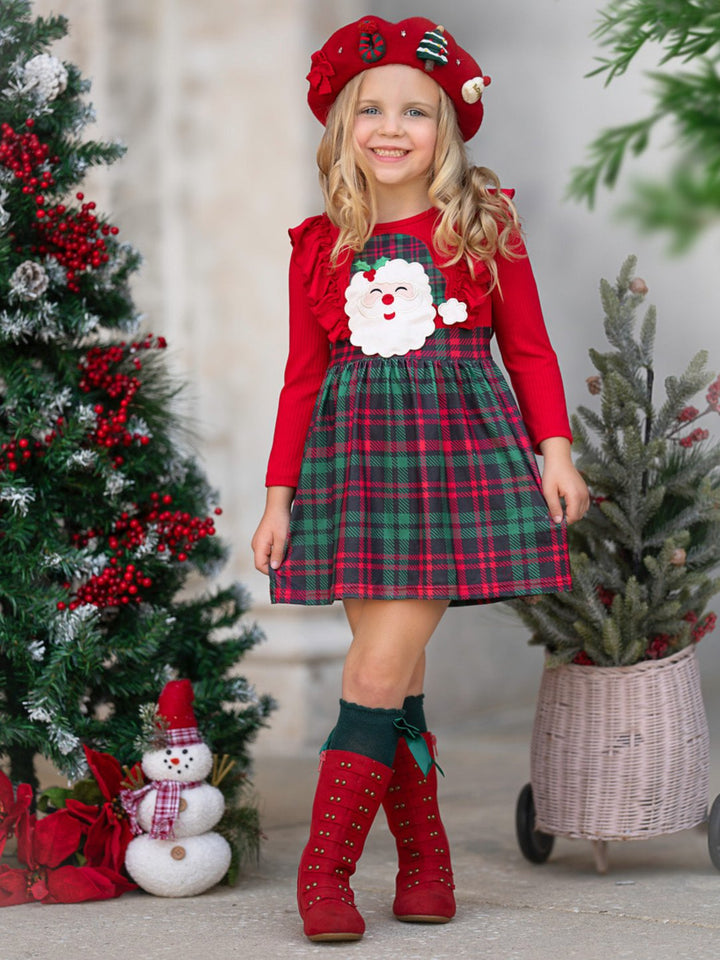 Langärmliges Kleid mit Rüschen und Karomuster mit Weihnachtsmann-Motiv