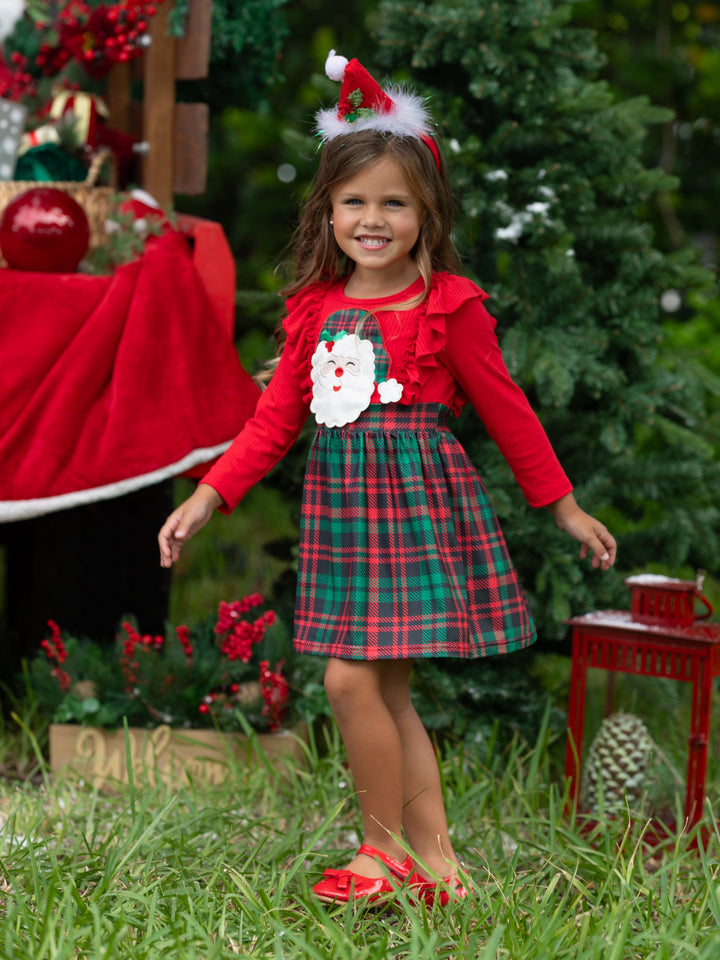 Santa Ruffled Plaid Long Sleeve Dress