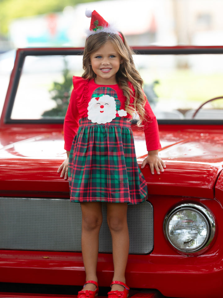 Santa Ruffled Plaid Long Sleeve Dress