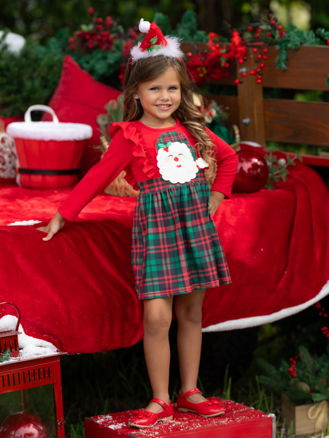 Santa Ruffled Plaid Long Sleeve Dress