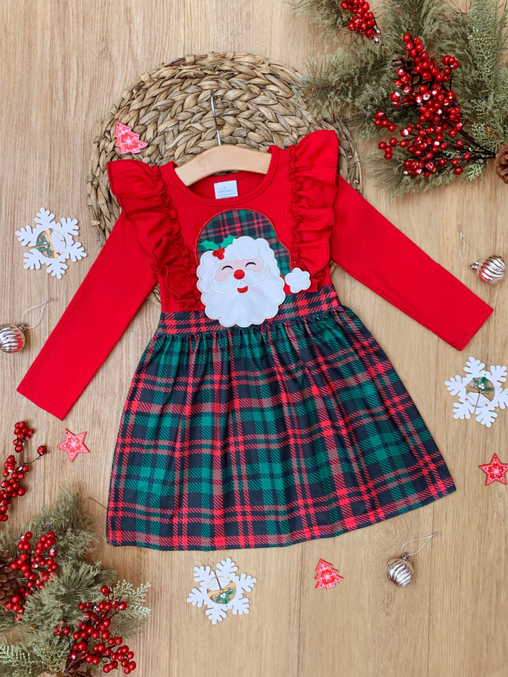 Langärmliges Kleid mit Rüschen und Karomuster mit Weihnachtsmann-Motiv