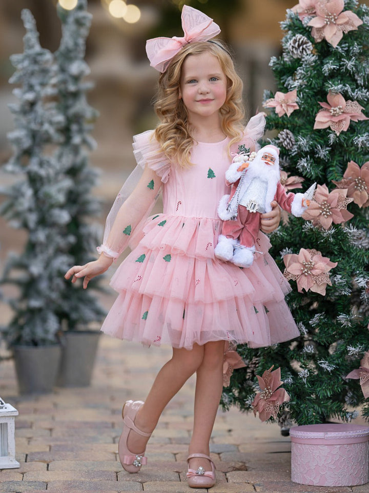 Frosted Pink Candy Cane Christmas Ruffled Tutu Dress