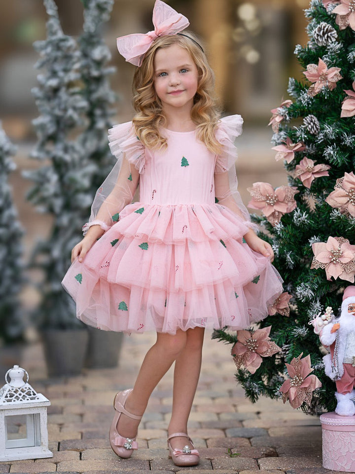 Frosted Pink Candy Cane Christmas Ruffled Tutu Dress