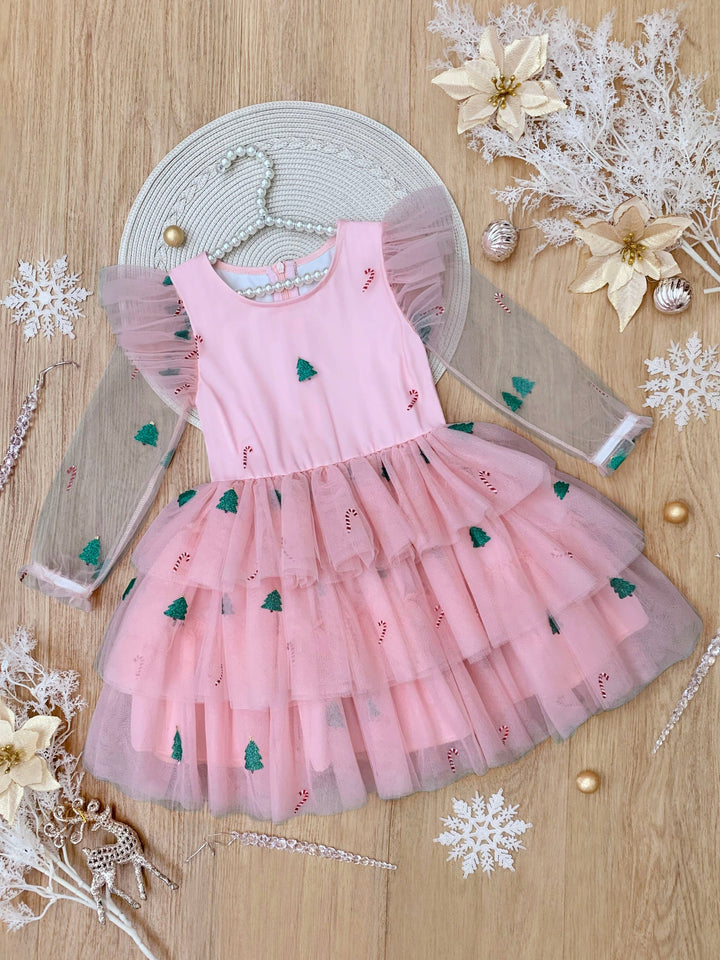 Frosted Pink Candy Cane Christmas Ruffled Tutu Dress