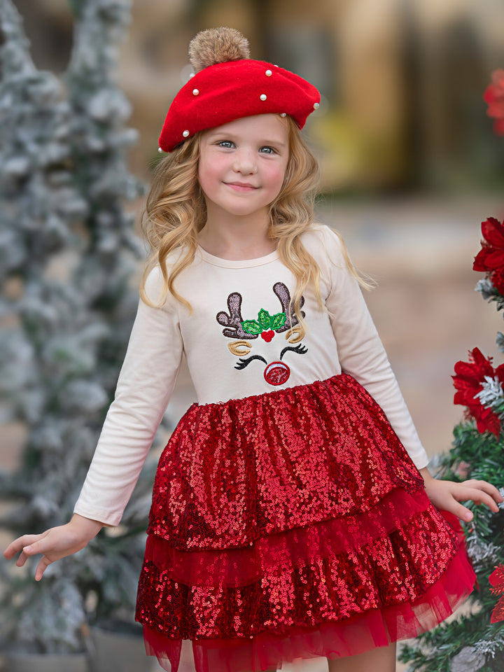 Funkelndes, langärmliges Tutu-Kleid mit Rentier-Pailletten