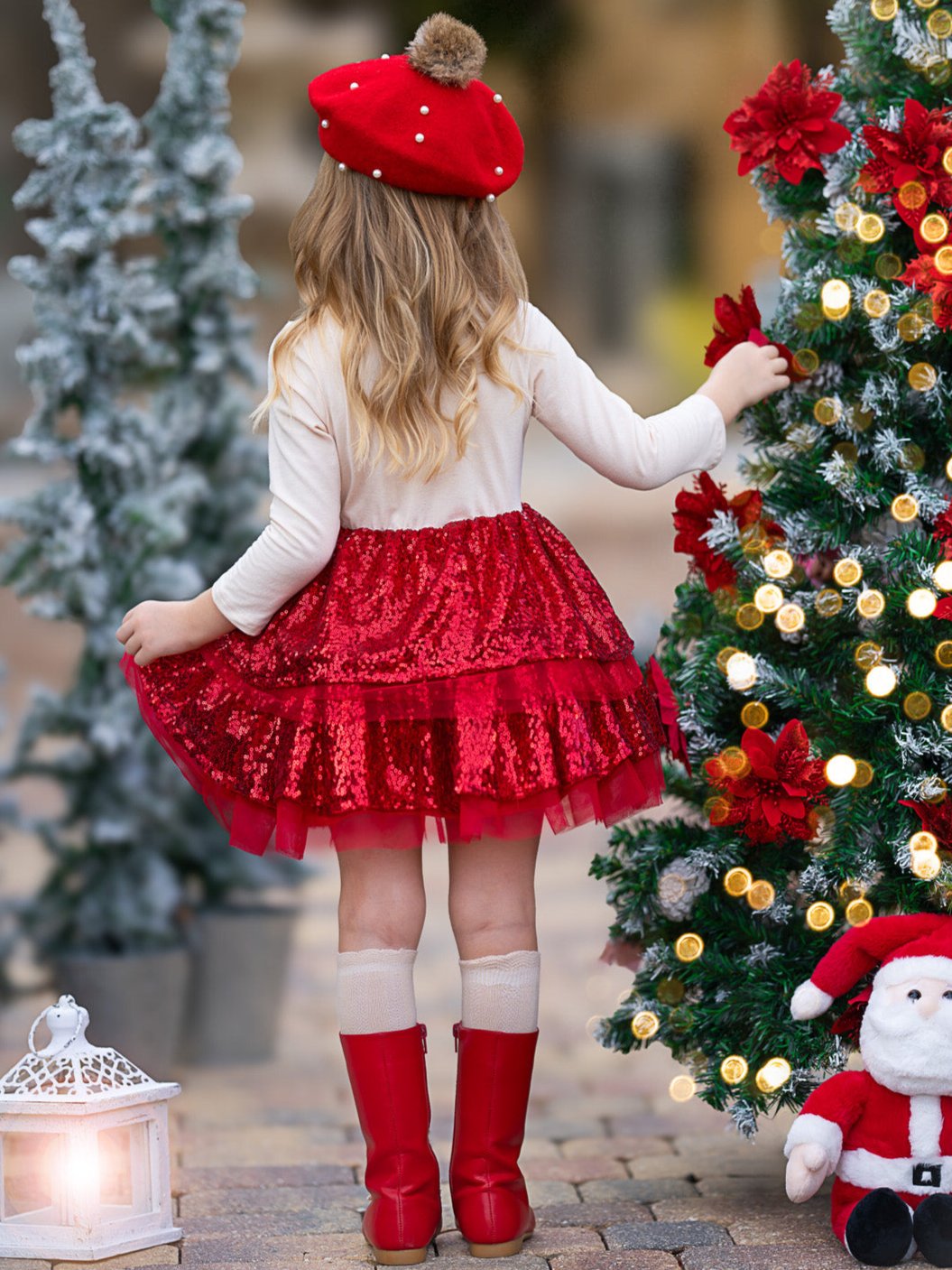 Funkelndes, langärmliges Tutu-Kleid mit Rentier-Pailletten