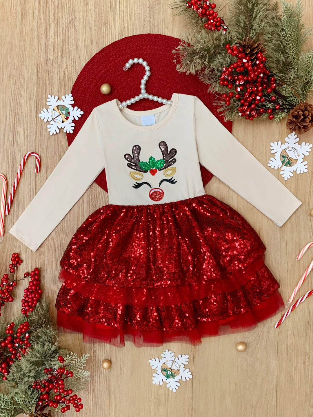 Sparkling Reindeer Sequin Long Sleeve Tutu Dress