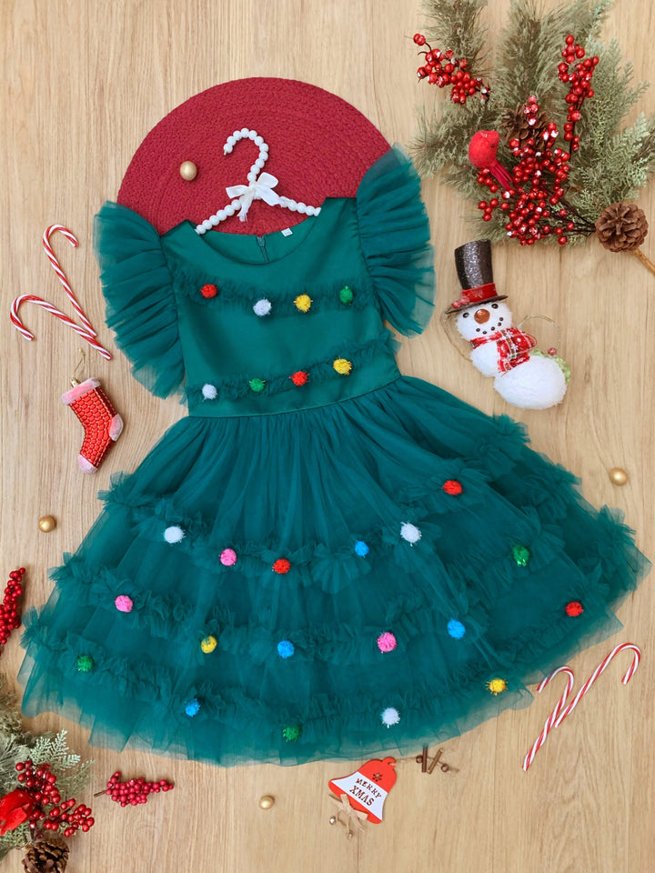 Festive Christmas Pom Pom Tulle Dress