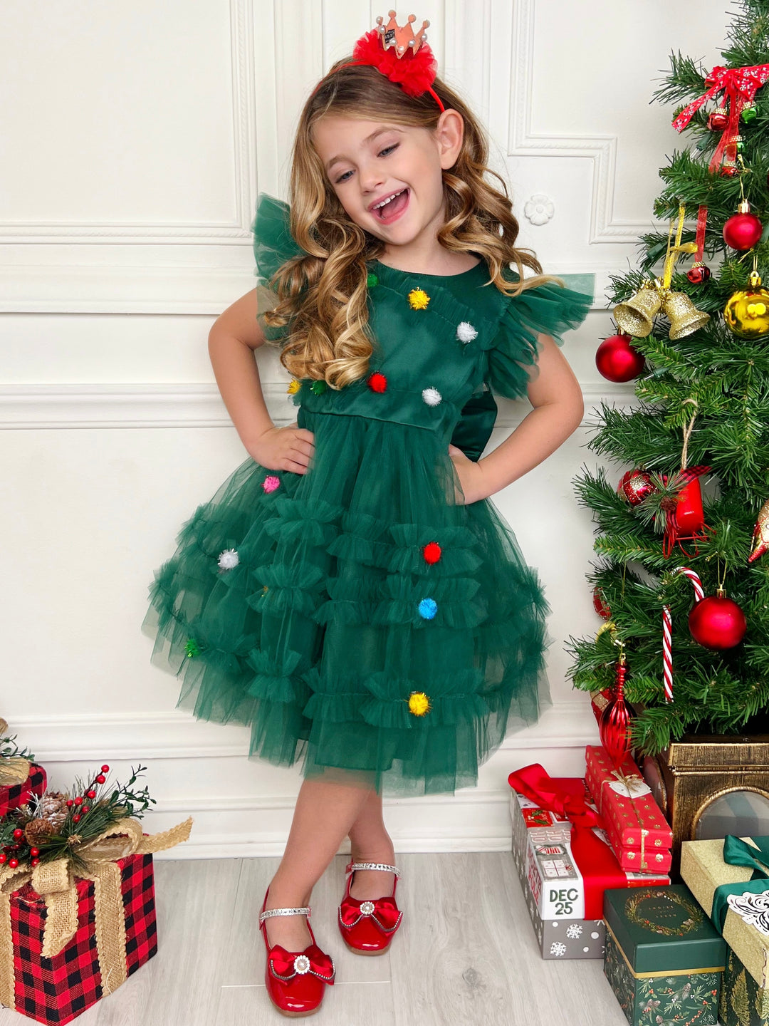 Festive Christmas Pom Pom Tulle Dress