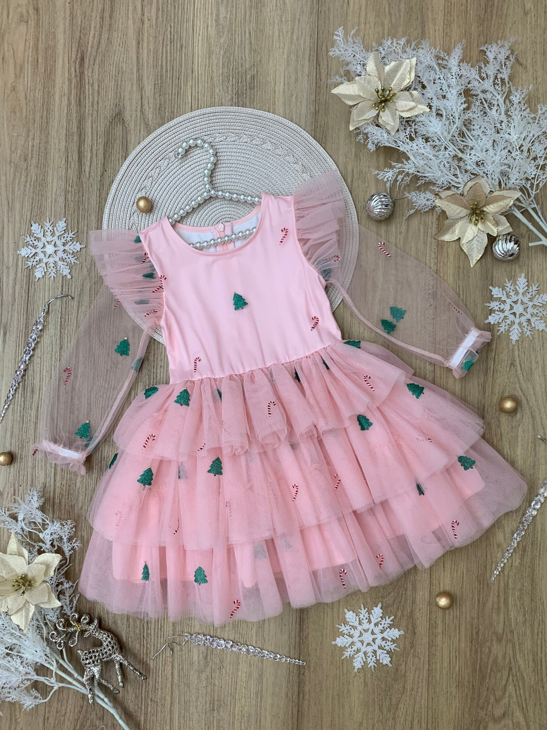 Frosted Pink Candy Cane Christmas Ruffled Tutu Dress