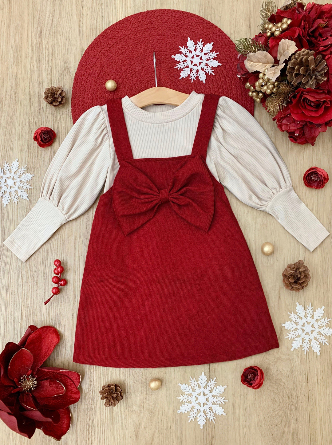 Toddler Winter Outfit | Puff Sleeve Overall Dress Set | Girls Boutique