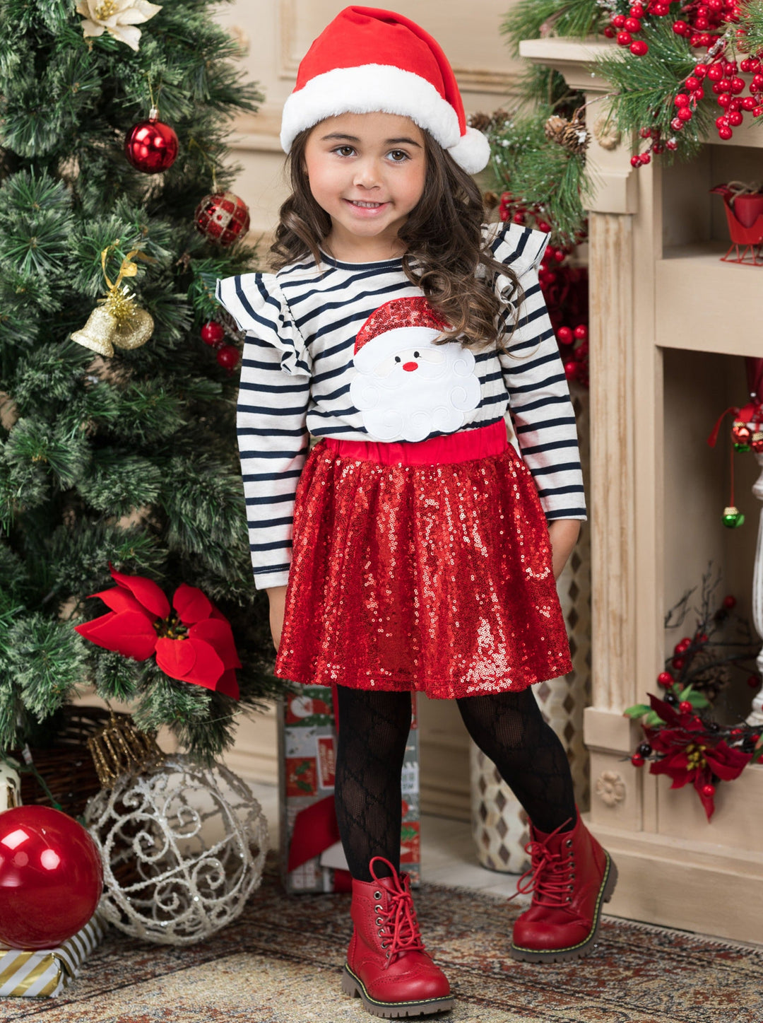 Girls Winter Sparkle Outfits | Santa And Stripes Sequin Skirt Set