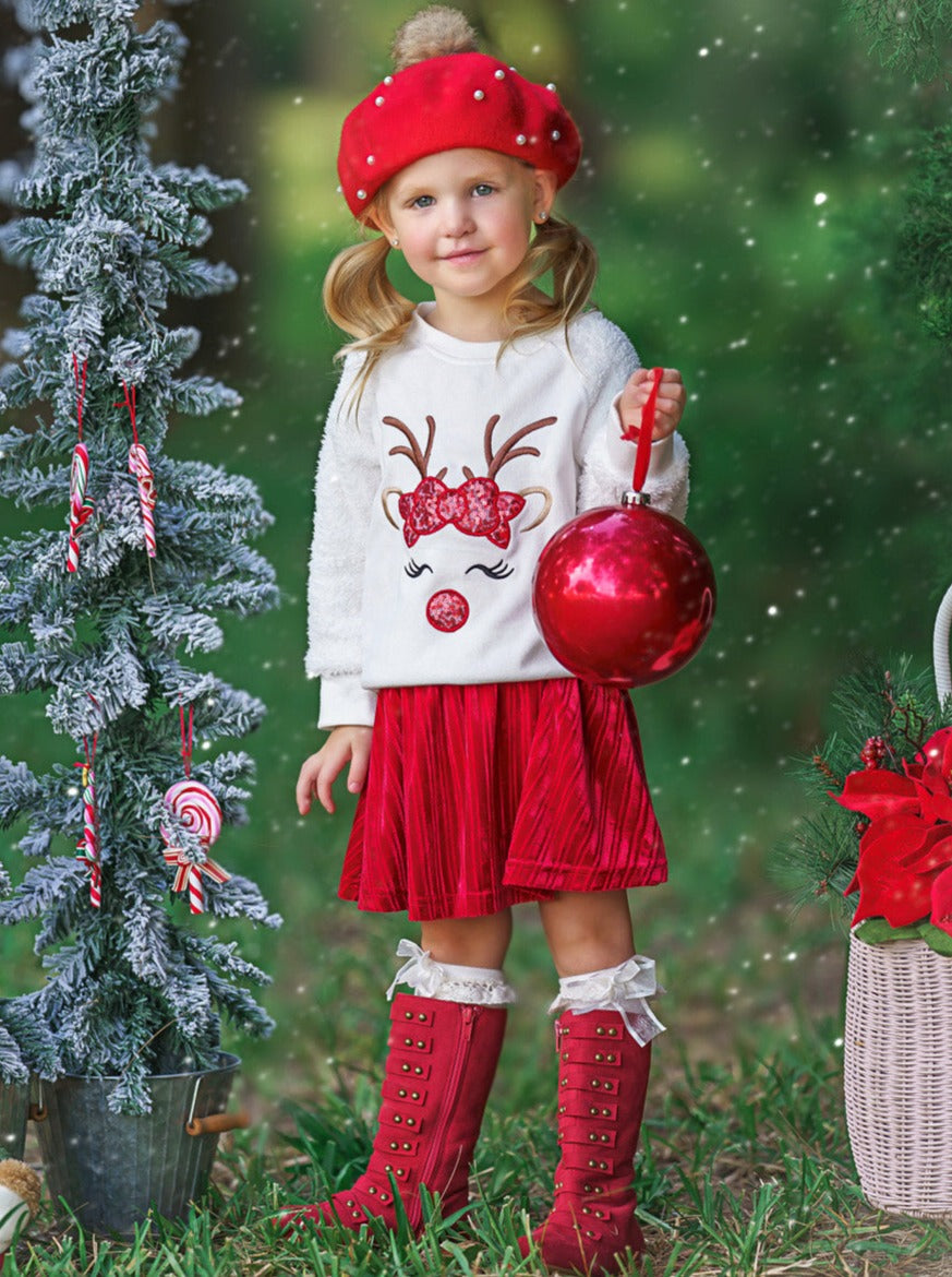 Cute Winter Skirt Sets | Fleece Reindeer Pullover Velvet Skirt Set