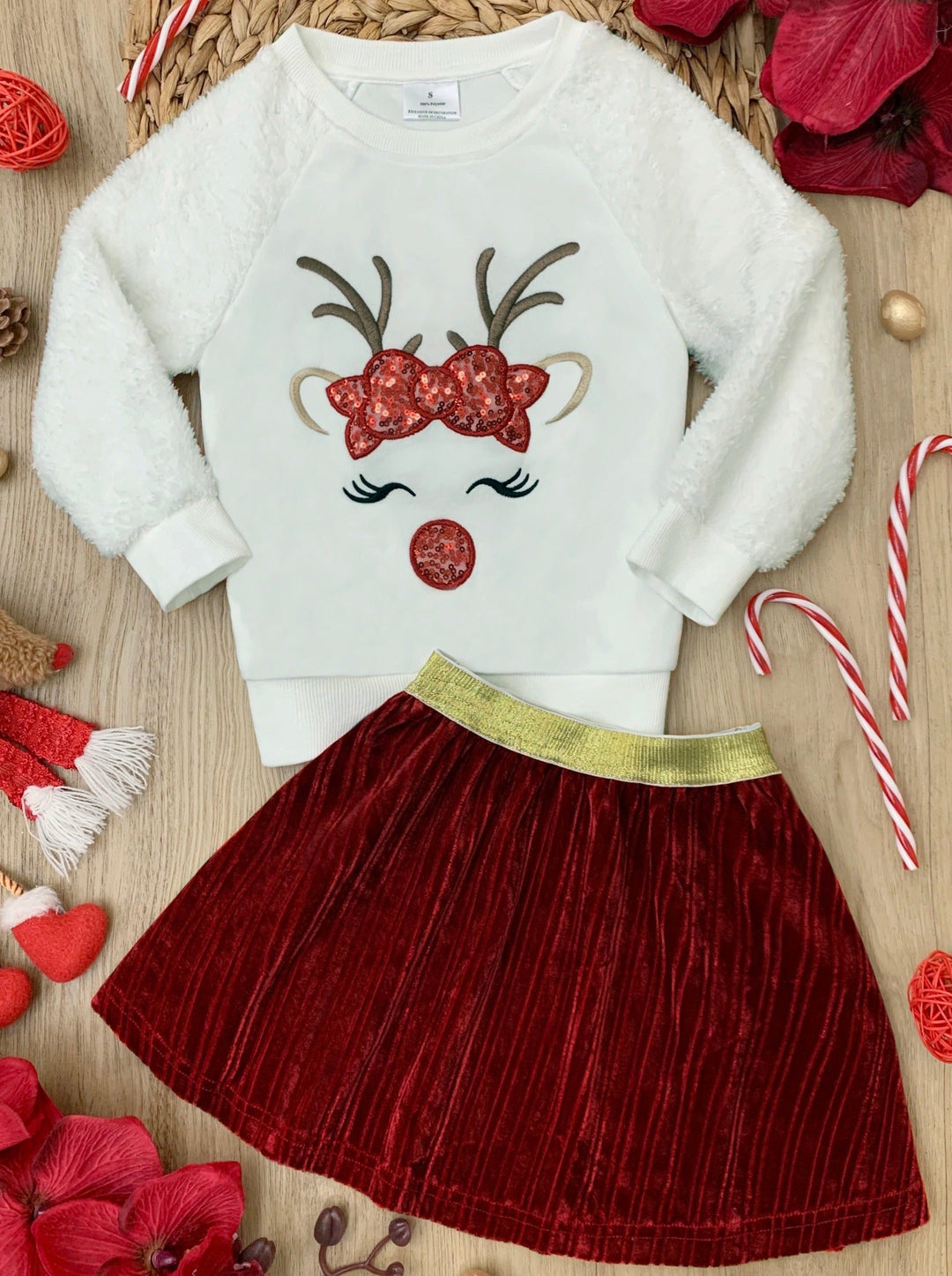 Cute Winter Skirt Sets | Fleece Reindeer Pullover Velvet Skirt Set