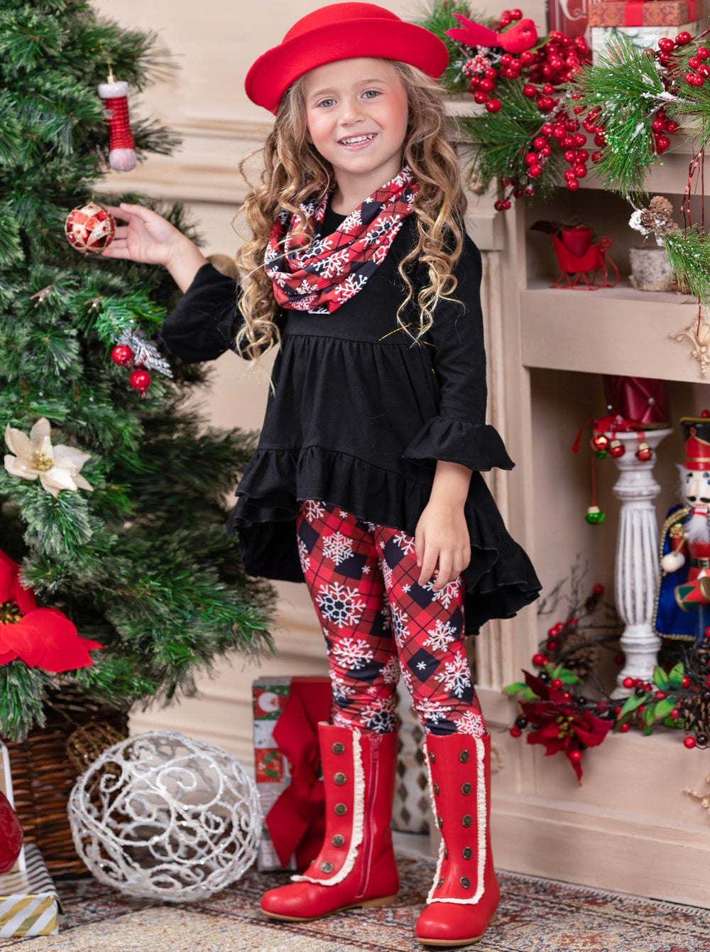 Girls Winter Casual Set | Plaid Snowflake Tunic, Scarf, & Legging Set