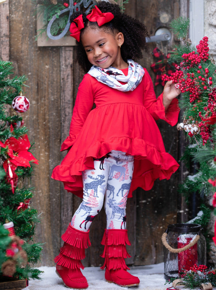 Girls Winter Casual Set | Winter Reindeer Tunic, Scarf, & Legging Set 