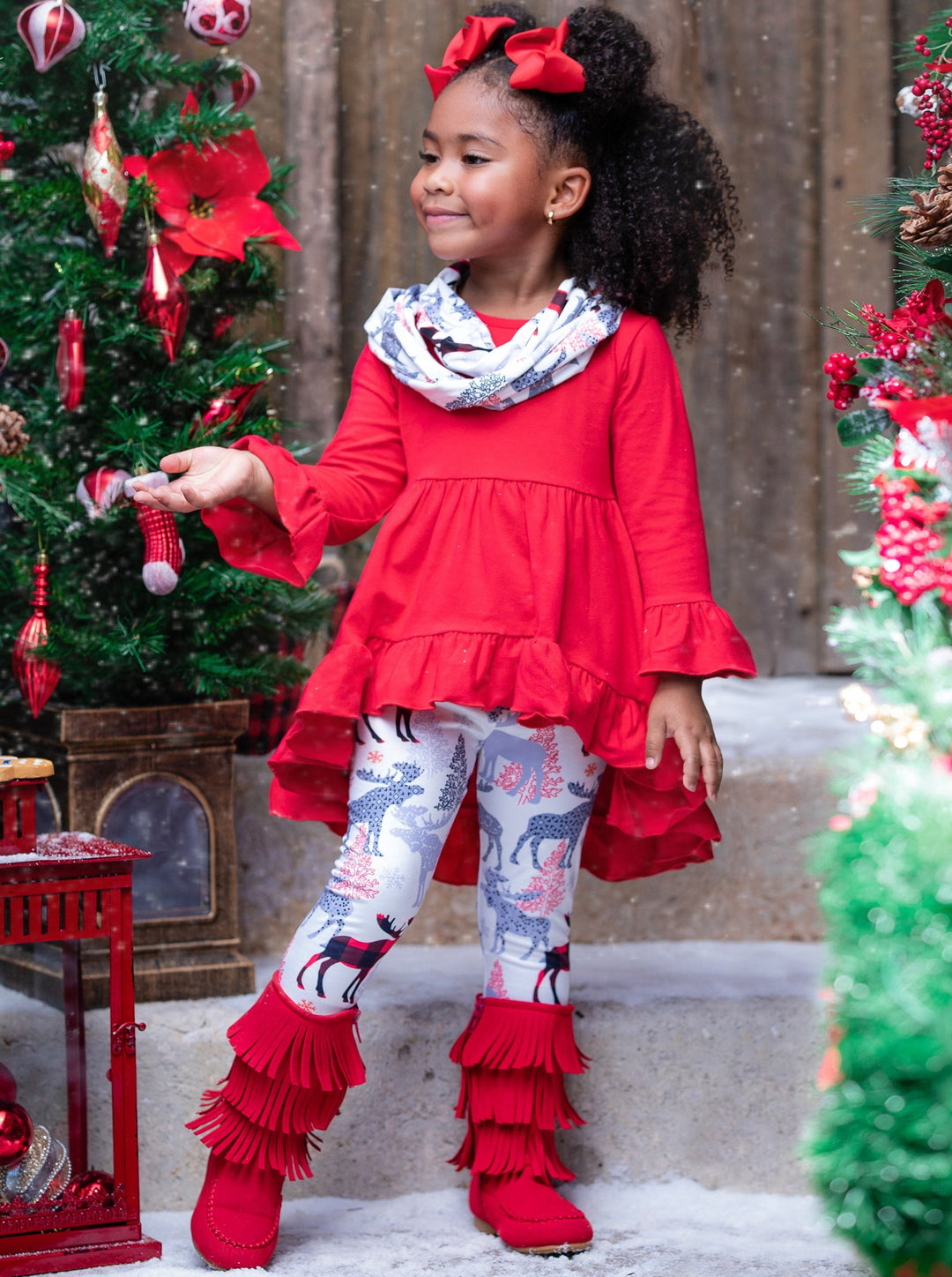 Girls Winter Casual Set | Winter Reindeer Tunic, Scarf, & Legging Set 