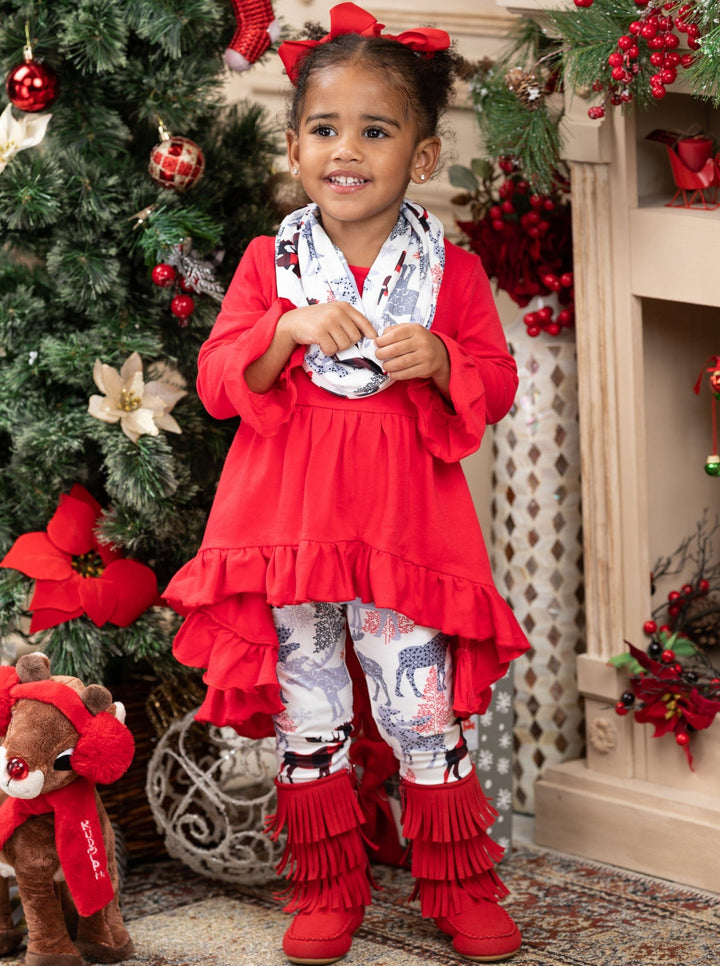 Girls Winter Casual Set | Winter Reindeer Tunic, Scarf, & Legging Set