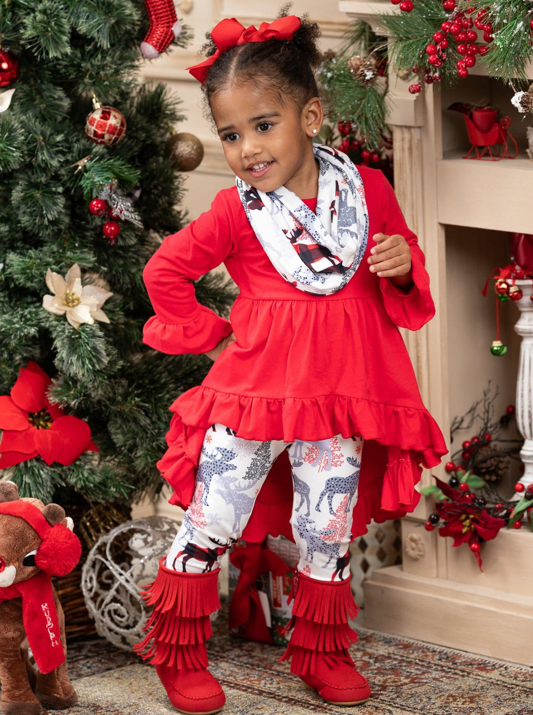 Girls Winter Casual Set | Winter Reindeer Tunic, Scarf, & Legging Set