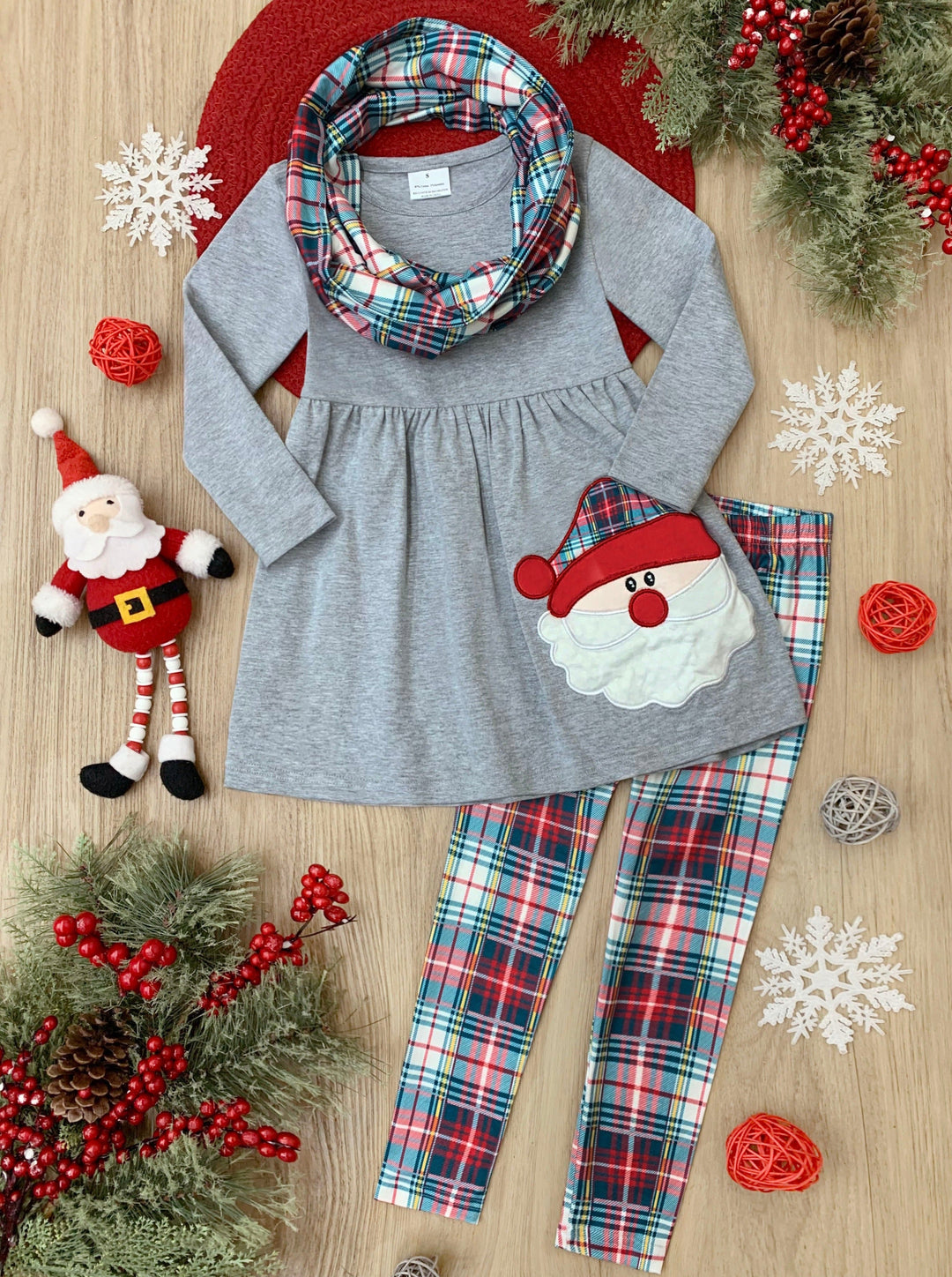 Girls Winter Casual Set | Santa Plaid Tunic, Scarf, & Legging Set