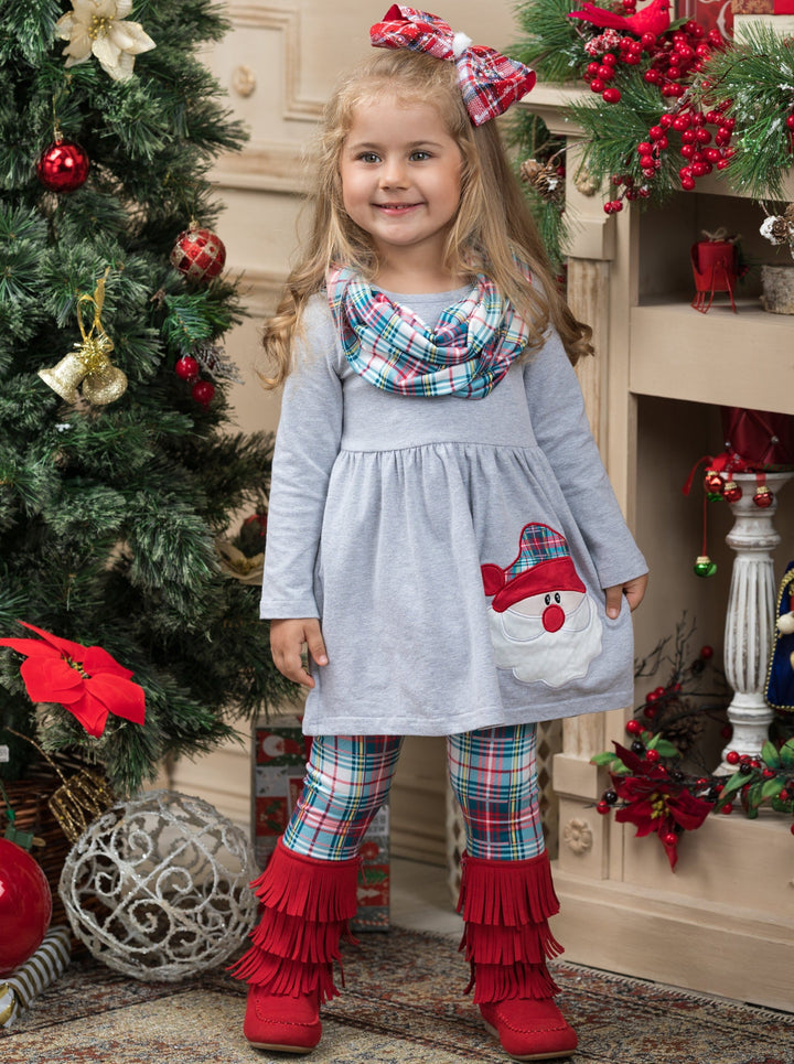 Girls Winter Casual Set | Santa Plaid Tunic, Scarf, & Legging Set