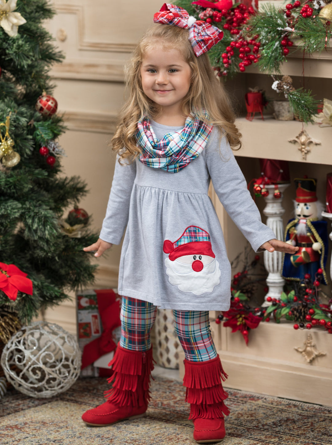 Girls Winter Casual Set | Santa Plaid Tunic, Scarf, & Legging Set