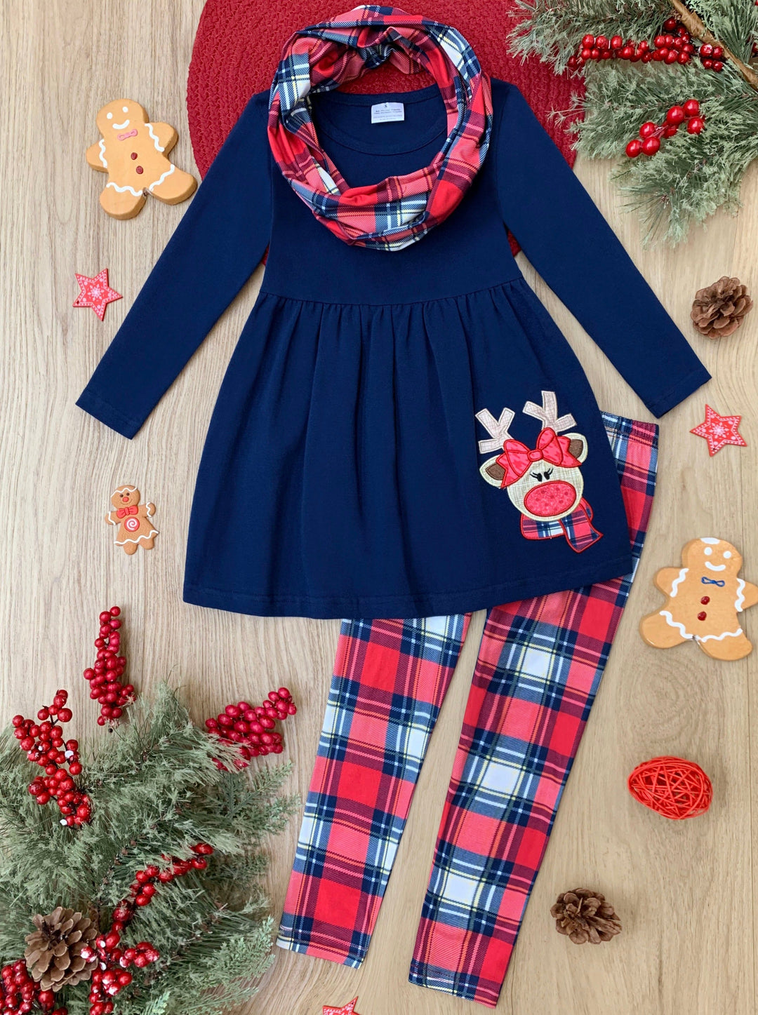 Girls Winter Casual Set | Reindeer Plaid Tunic, Scarf, & Legging Set