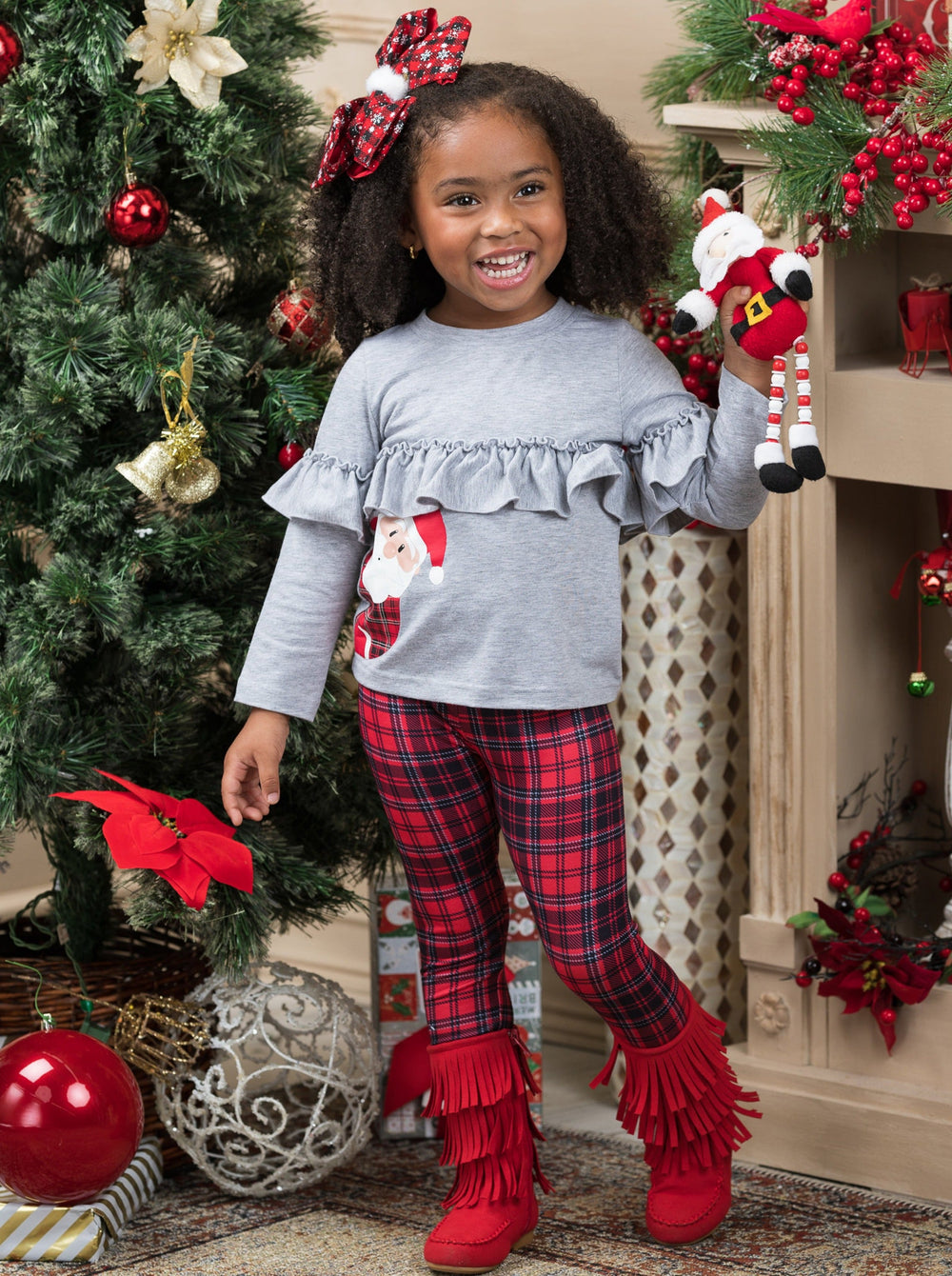 Girls Winter Casual Set | Cute Peekaboo Santa Top & Plaid Legging Set 