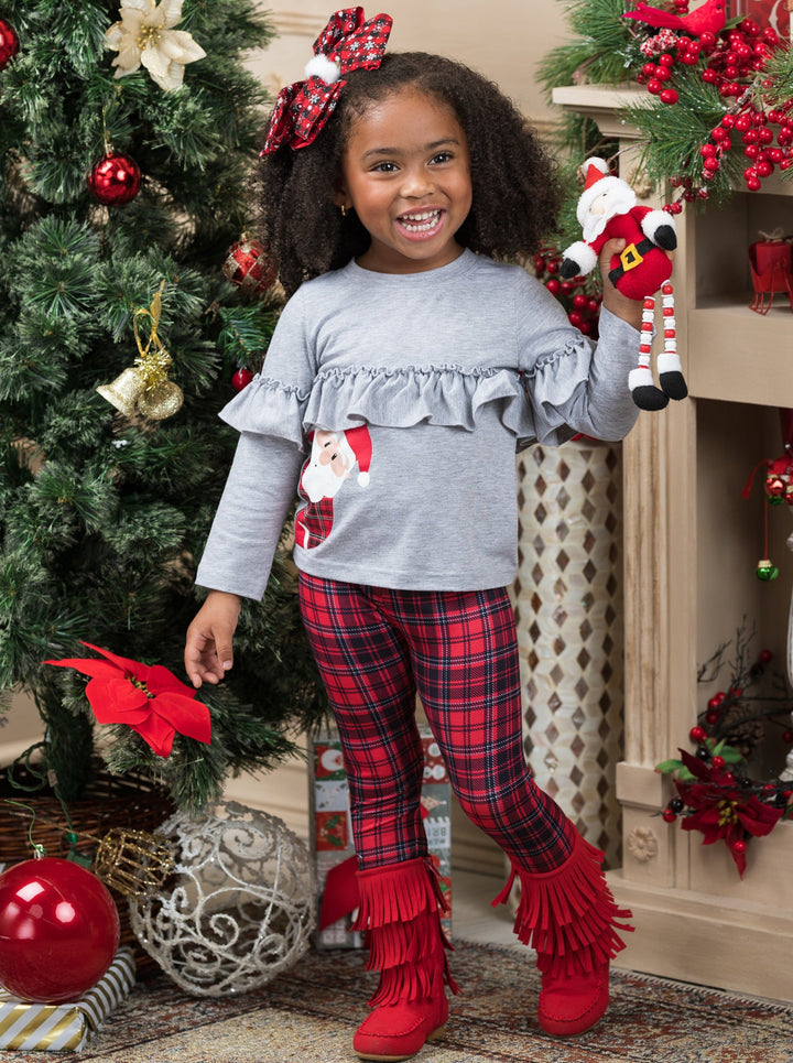 Girls Winter Casual Set | Cute Peekaboo Santa Top & Plaid Legging Set 