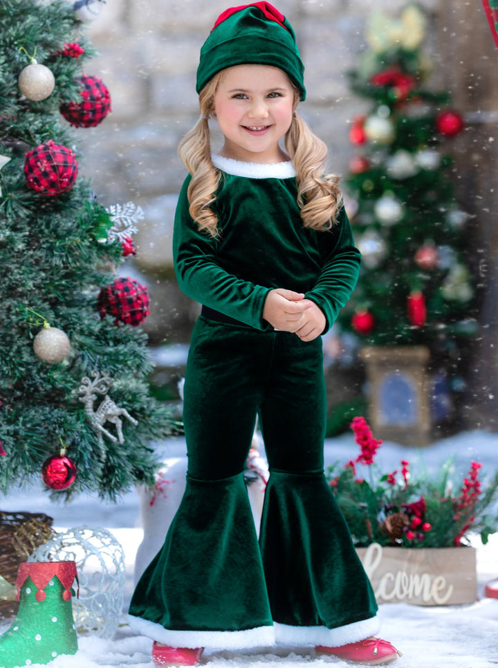 Girls Christmas Outfit | Cute Little Elf Suit Velvet Bell Bottom Set