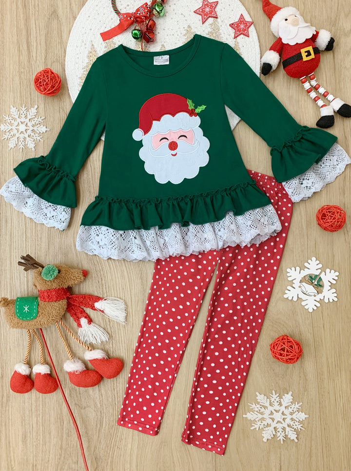 Girls Winter Casual Set | Santa Ruffled Tunic & Polka Dot Legging Set