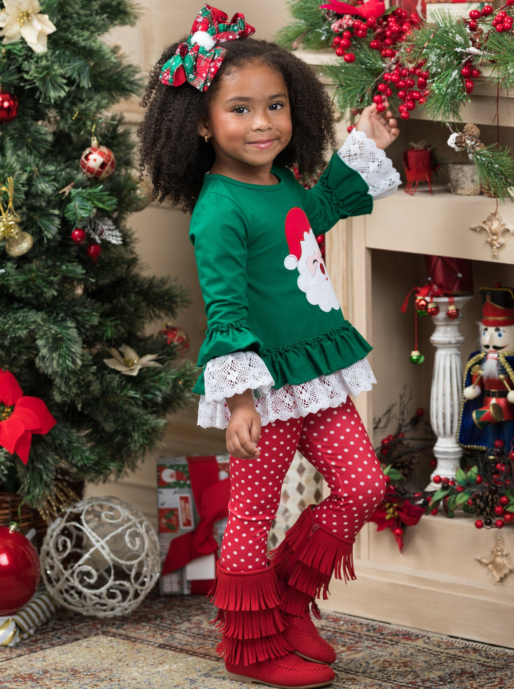 Girls Winter Casual Set | Santa Ruffled Tunic & Polka Dot Legging Set