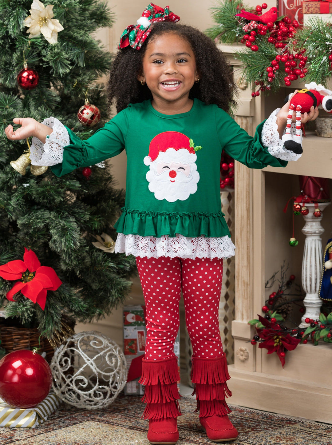 Girls Winter Casual Set | Santa Ruffled Tunic & Polka Dot Legging Set