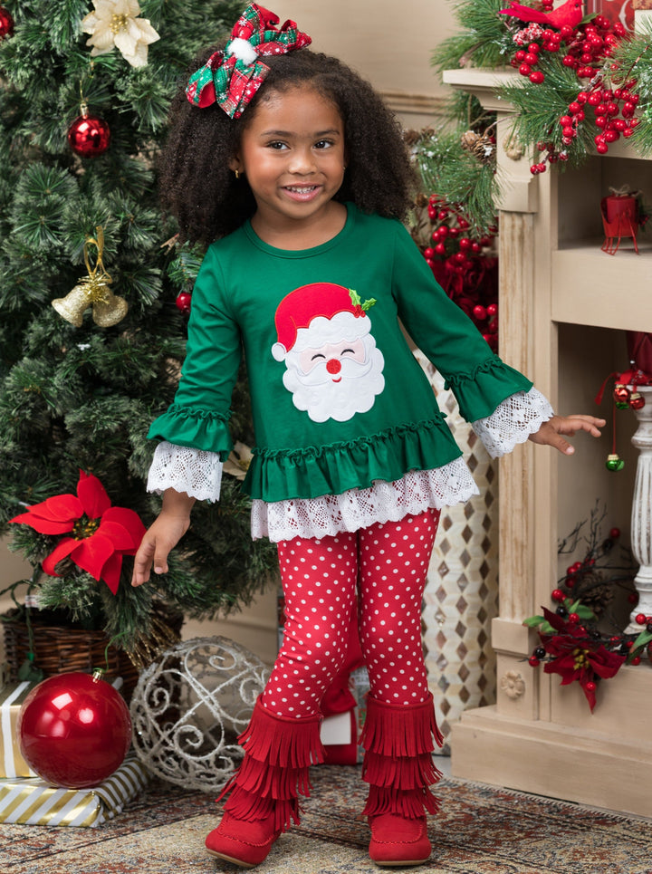 Girls Winter Casual Set | Santa Ruffled Tunic & Polka Dot Legging Set