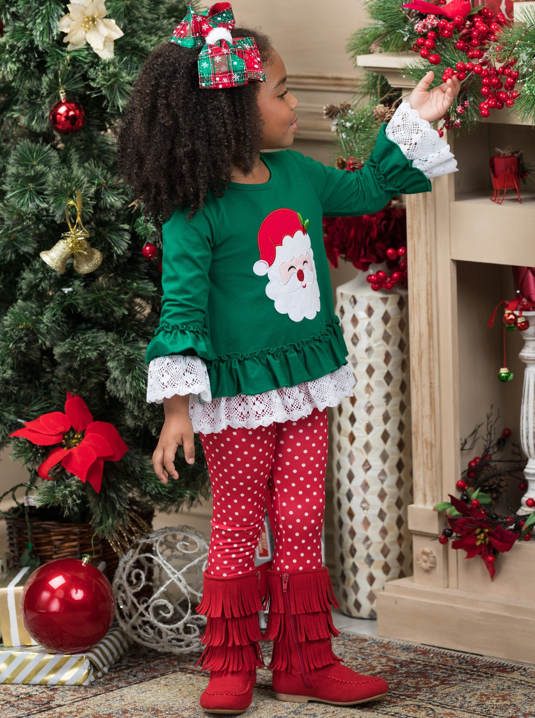 Girls Winter Casual Set | Santa Ruffled Tunic & Polka Dot Legging Set