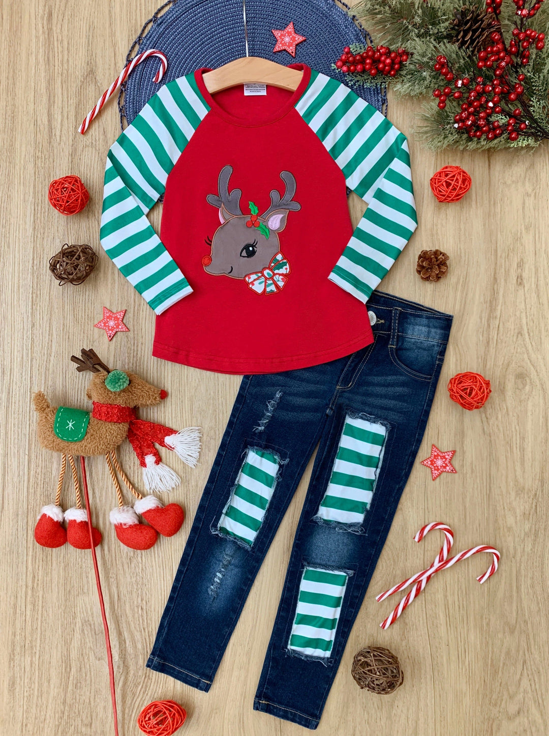 Toddler Winter Clothes | Striped Reindeer Raglan Top & Patched Jeans