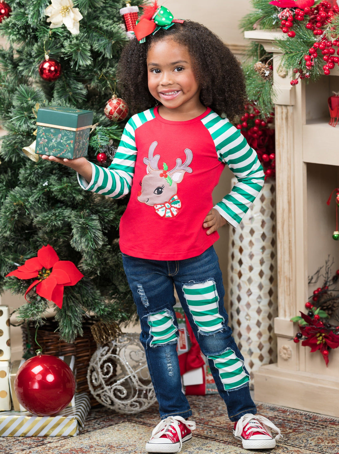 Toddler Winter Clothes | Striped Reindeer Raglan Top & Patched Jeans