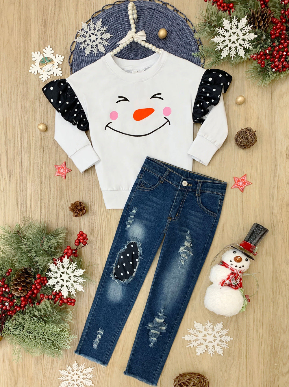 Toddler Winter Set | Girls Happy Snowman Polka Dot Patched Jean Set