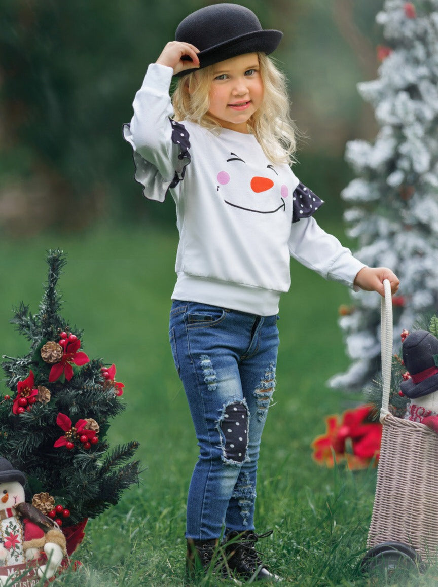 Toddler Winter Set | Girls Happy Snowman Polka Dot Patched Jean Set