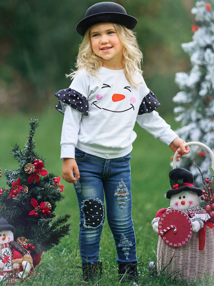 Toddler Winter Set | Girls Happy Snowman Polka Dot Patched Jean Set